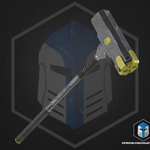 May include: A futuristic hammer with a gray and yellow head, a textured black handle, and a silver shaft. The hammer features a skull emblem and is set against a dark background with a helmet graphic. The bottom right corner has a logo and website address.