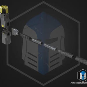 May include: An exploded view of a futuristic weapon, featuring various gray and yellow components. The design includes a textured grip and a cylindrical barrel. The background features a stylized helmet graphic and the text "PATREON.COM/GALACTICARMORY".