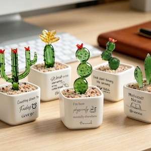 May include: Five miniature glass cactus figurines in square white ceramic pots filled with small pebbles. Each pot features unique black printed text and names including Counting down to Friday George, Work in the interruption, I'm here physically, Desk plant thriving, and Motivated? Not me Brianna.