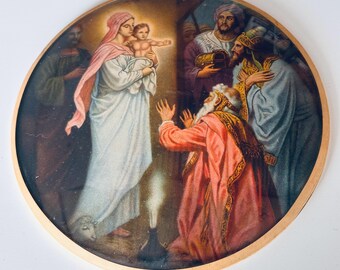 Dome Glass Religious Wall Art Print Adoration Of The Magi Nativity Monastery VTG