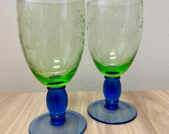 Pfaltzgraff Summer Breeze Iced Tea Glasses 7 1/2" tall green Bowl With Blue Stem