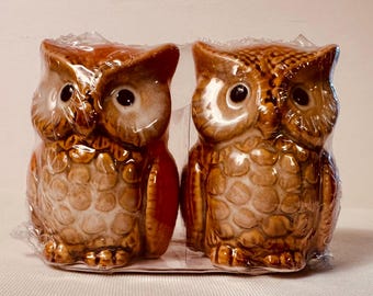 Könnte beinhalten: Ein Paar braune Eulenfiguren aus Keramik, verpackt in durchsichtiger Plastikfolie. Jede Eule hat große schwarze Augen, ein strukturiertes Federmuster auf der Brust und eine glänzende Oberfläche. Die beiden Figuren stehen nebeneinander als Set.