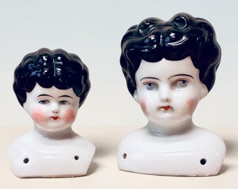 Antique Low Brow Black Hair German Hertwig Porcelain China Doll Shoulder Heads