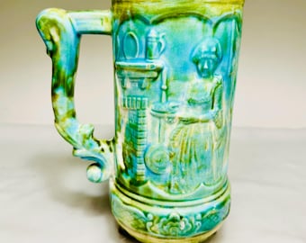 Handmade Ceramic German Beer Stein, Signed. Green & Yellow Glaze Beer Mug VTG
