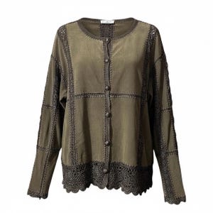 May include: Olive green button-down cardigan with long sleeves. The cardigan features dark brown crochet lace trim along the edges, sleeves, and hem. The front has a series of buttons for closure. The fabric appears soft and slightly textured.