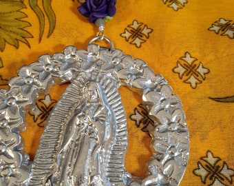 Virgen de Guadalupe pewter wreath ornament wall car hanging