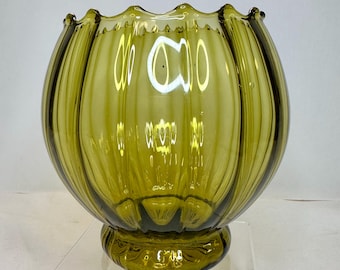 Schmid Empoli Olive Green Round bowl Art Glass Vase Ribbed Optic Scalloped Rim