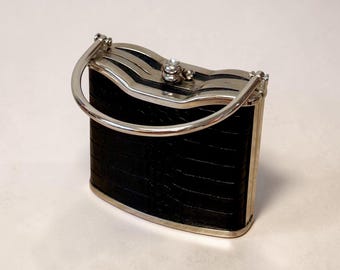 Black Faux Croc Bijoux Terner Hardshell Purse Mini Bag Clutch W/Silver Hardware