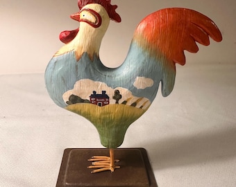 Hand Painted Vintage Russ Berrie Folk Art Rooster. Country Home Decor Farmhouse