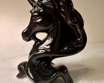 Black Ceramic Unicorn Sculpture Figurine Vintage MCM Art Deco.  Magical Fantasy Rare.