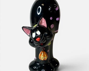 Ceramic Black With Pink Polka Dots Cat & Pumpkin Charm Vintage Halloween Decor