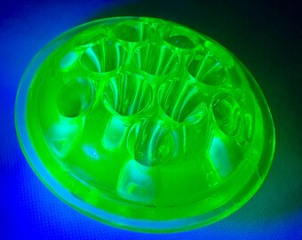 Vintage Vaseline Uranium Glass  13 holes  4 Inch Flower Frog UV Glows Green