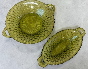 Vintage Indiana Glass Olive Honeycomb Daisy Green Pickle & Relish Dish Party Set