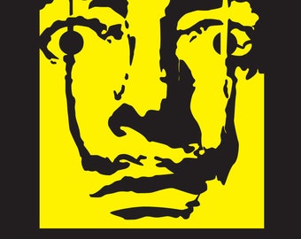 May include: A black and white illustration of Salvador Dali's face on a yellow background. The text "DALI" is written in purple below the image.