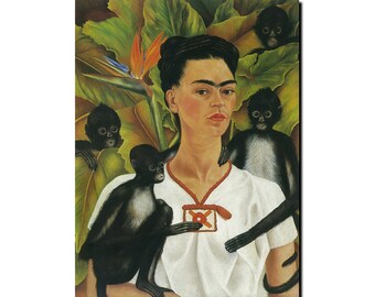 May include: A portrait of a woman surrounded by monkeys, set against a backdrop of lush green foliage and a vibrant bird of paradise flower. The woman wears a white blouse with a red trim and a decorative emblem.