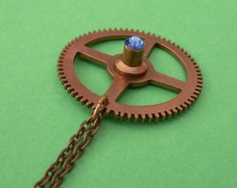 Steampunk Pendant Necklace - vintage brass cogs swarovski crystal sapphire