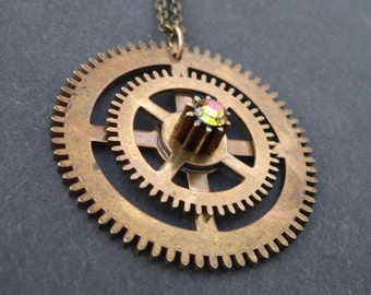 Brass Steampunk Necklace - vintage brass pendant cogs swarovski crystal