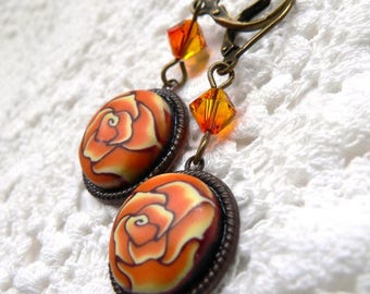 Tangerine Orange Rose and Swarovski Earrings handmade with polymer clay