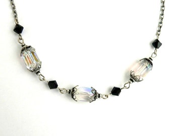 Crystal Necklace Aurora Borealis AB Glass Bead Silver Ox vintage style necklace
