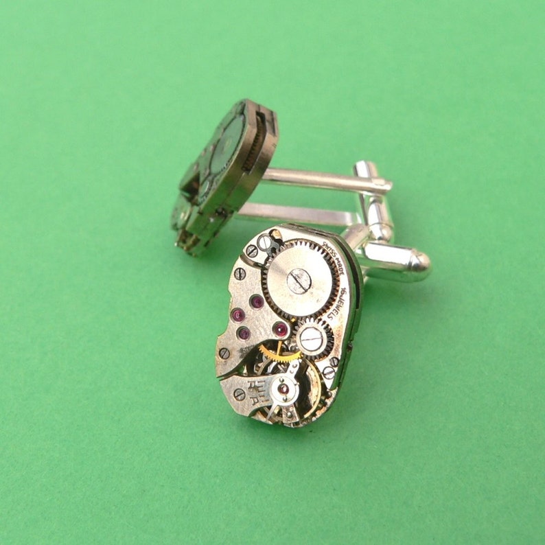 Steampunk Cuffllnks Vintage Watch Movement silver cuff links image 1