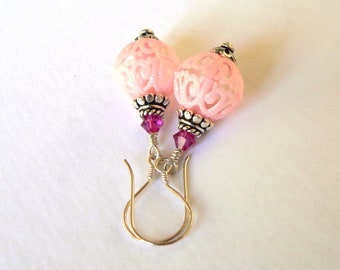 Pink Vintage Filigree Bead and Swarovski Earrings