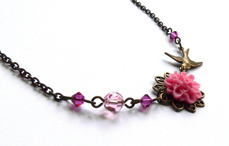 Pink Chrysanthemum and Brass Swallow Necklace with Swarovski image 1