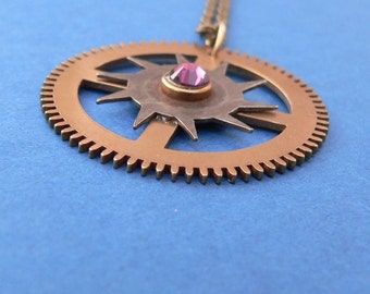 Steampunk Pendant Necklace - vintage brass cogs swarovski crystal purple amethyst