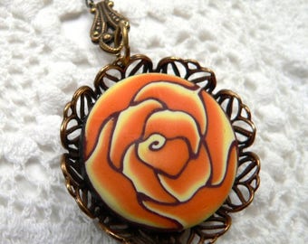 Orange Rose pendant necklace with handmade polymer clay cabochon