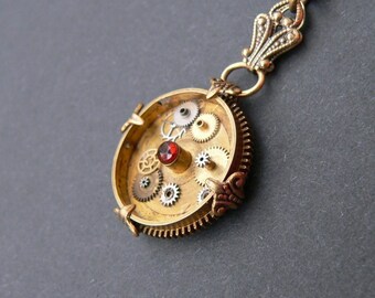 Steampunk Necklace - Garnet and Brass Steampunk Pendant Necklace