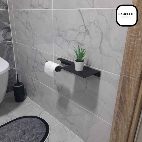 Black Wall Mount Toilet Paper Holder with Shelf Bathroom Toilet Paper Roll Holder Tissue Holder for Bathroom