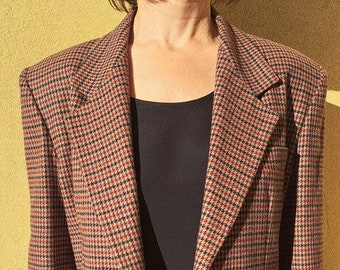 veste blazer à simple boutonnage en pure laine multicolore vintage, taille M