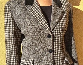 Vintage giacca blazer tweed lana con toppe e colletto in velluto nero, Taglia L