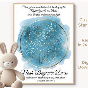 Mapa estelar personalizado para bebé niño por fecha, regalo personalizado para cumpleaños, impresión de pared personalizada única para recién nacidos, idea de regalo de nacimiento de bebé, descarga digital