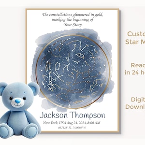 Mapa estelar personalizado de nacimiento de bebé por fecha, regalo para recién nacidos, regalo para la familia, regalo para futuras mamás, arte de pared imprimible personalizado para guardería, regalo para nuevos padres