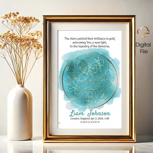 Regalo de nacimiento de bebé, mapa estelar por fecha, regalo personalizado para nuevos padres para el primer cumpleaños del bebé, impresión de pared única para recién nacidos, regalo para nueva mamá y papá