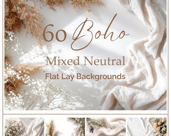 Boho blandad neutral bakgrundspaket, 60 JPG platt lay-mockups, varumärkesbyggande, scener för sociala medier