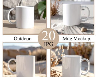 Paket med mockups för utomhuskaffemuggar • 20 JPG-naturmotiv för produktdisplayer • Direkt nedladdning • Boho Neutral stockfotografi-mockup