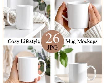 Set med mockups för mysiga muggar, 26 neutrala livsstilsscener, paket för designers • JPG • Direktnedladdning