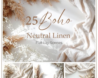 25 Boho Linne Flat Lay Mockups – Naturliga Bakgrunder | Konsttryck, Branding & Kreativa Projekt | JPG