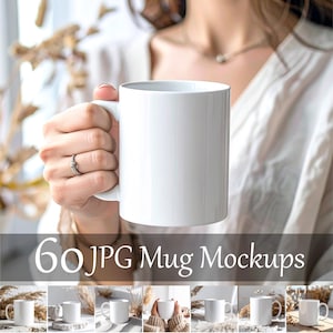 60 Boho Light Mug Background Mockups, Neutral JPG Bundle, Digital Download