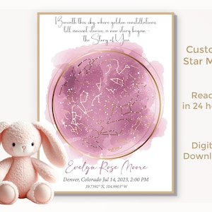 Carte des étoiles par date de naissance de bébé, cadeau carte du ciel numérique personnalisé, impression murale nouveau-né personnalisée unique, idée cadeau de naissance de bébé, téléchargement numérique