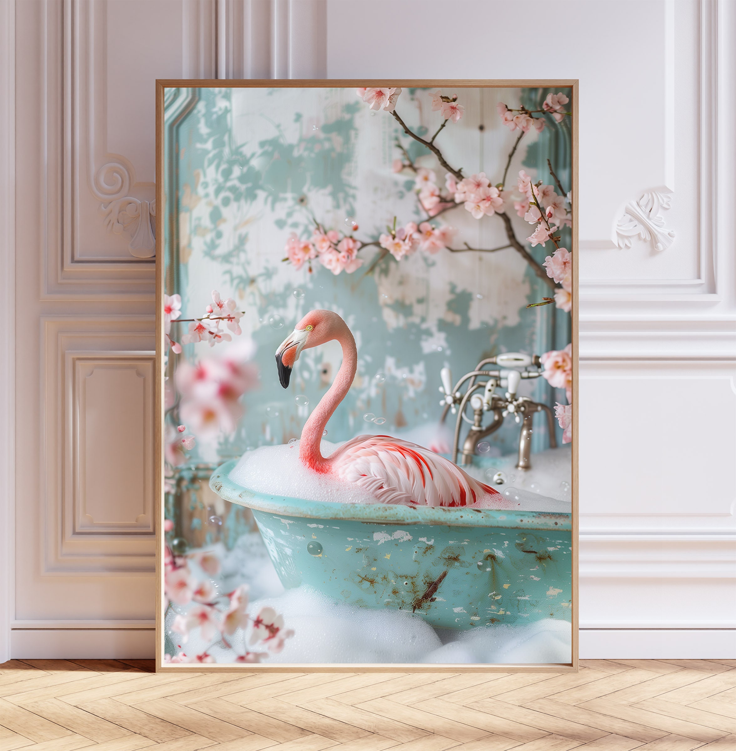 Pink Flamingo Having a Bath Art Print, Shabby Chic Art, Bathtub Poster ...