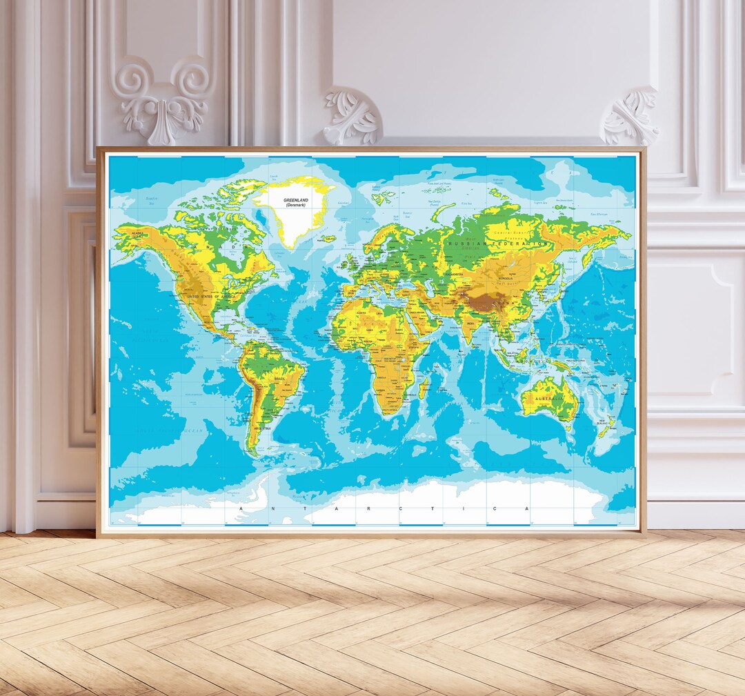 Classic Detailed Blue World Map Wall Art Picture Print Poster Wall ...