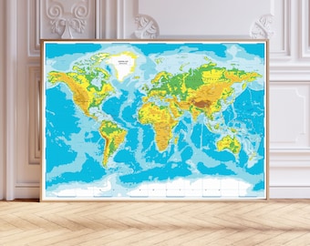 Classic Detaled Blue World Map Wall Art Picture Print Poster Wall Décor, Educational Gift A1,A2,A3,A4,