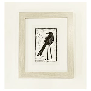 Lino cut, black bird, framed art, original print, FREE SHIPPING image 1