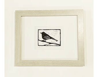 Lino cut, black bird, framed art, original print, FREE SHIPPING