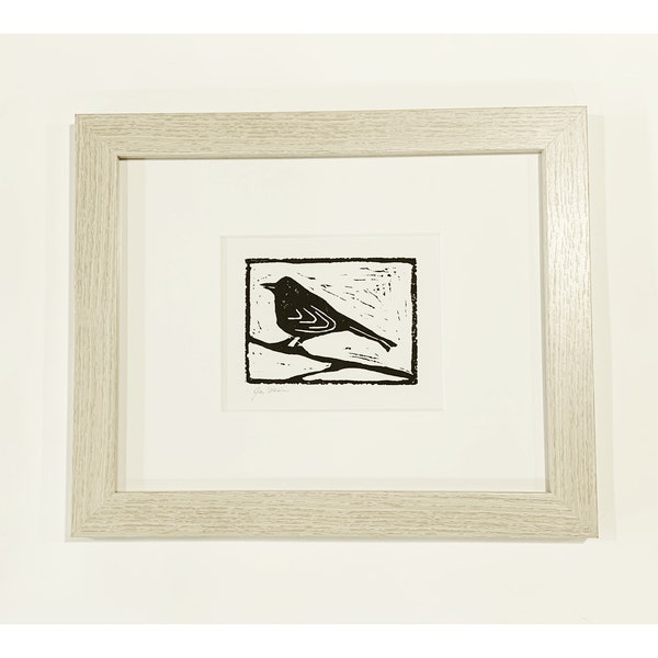 Lino cut, black bird, framed art, original print, FREE SHIPPING