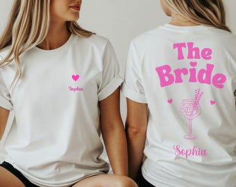 Junggesellinnenabschied T-Shirt JGA Braut personalisiert mit Name, vorne kleines Herz mit deinem Namen, Backprint  – Braut Geschenk Hochzeit