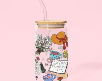 Trinkglas mit Bambusdeckel & Glasstrohhalm "Sommer" | Geschenk für Frühling und Picknick | Oster-Special