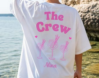 JGA Braut T-Shirt personalisiert mit Name, vorne kleines Herz mit deinem Namen, Backprint JGA Team, Gruppen Shirt Hochzeit